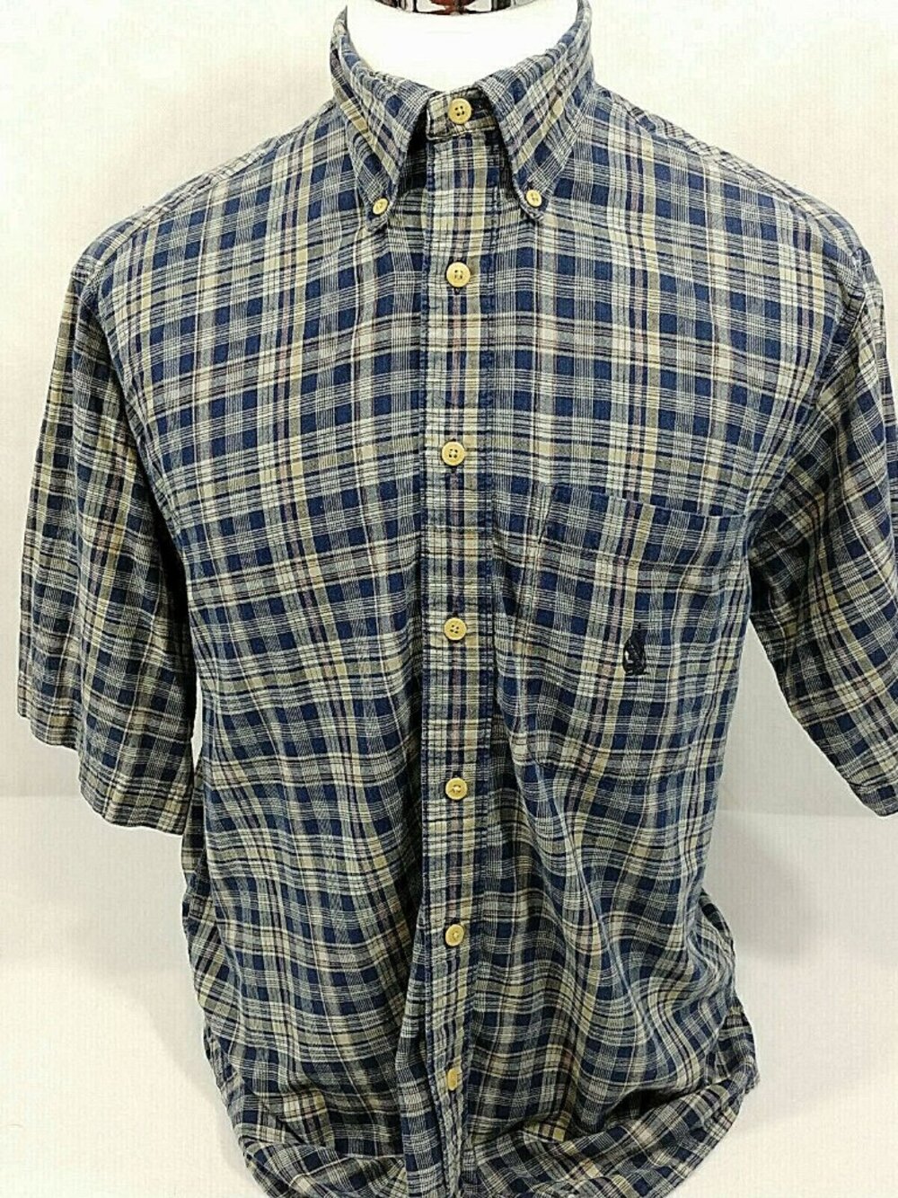 Nautica Plaid Cool Cotton Sailboat Logo S/S Button Down Casual Shirt Mens M